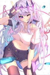 Rule 34 | 1girl, ;p, absurdres, backpack, bag, black shorts, black thighhighs, black wristband, blue hair, collarbone, crop top, fingerless gloves, gem, gloves, gradient hair, grey hair, hand up, headpiece, highres, hololive, hololive english, koseki bijou, long hair, multicolored hair, navel, one eye closed, purple eyes, purple gemstone, purple hair, shirt, shorts, solo, the0neulost, thighhighs, tongue, tongue out, virtual youtuber, white shirt