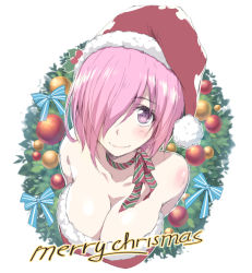 Rule 34 | 1girl, alternate costume, bare shoulders, blue bow, blush, bobblehat, bow, breasts, cleavage, closed mouth, collarbone, colored stripes, commentary, dress, english commentary, fate/grand order, fate (series), from above, fur-trimmed dress, fur trim, hair over one eye, hat, large breasts, lips, looking at viewer, looking up, mash kyrielight, merry christmas, red dress, red hat, santa hat, short hair, simple background, smile, solo, strapless, strapless dress, striped neckwear, tareme, tonee, upper body, white background, wreath