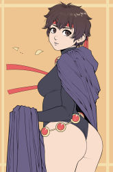 Rule 34 | 1girl, ass, breasts, brown eyes, brown hair, cape, cosplay, dc comics, exmile, headband, highres, holding, holding cape, holding clothes, kasugano sakura, leotard, looking at viewer, raven (dc), solo, street fighter, tagme, teen titans, third-party source
