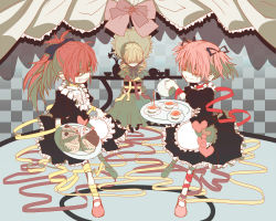 Rule 34 | 10s, 3girls, blonde hair, bonnet, cake, candeloro, candeloro&#039;s familiars, checkered background, cup, drill hair, eerr, evil grin, evil smile, food, gift, grin, hair over eyes, hair ribbon, heart, highres, kaname madoka, mahou shoujo madoka magica, mahou shoujo madoka magica (anime), maid, multiple girls, personification, pink eyes, pink hair, ponytail, red eyes, red hair, ribbon, sakura kyoko, shaded face, short hair, smile, tea, teacup, teapot, tomoe mami, tray, twin drills, twintails, witch&#039;s labyrinth