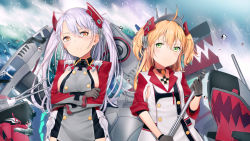 Rule 34 | 1girl, 2girls, admiral hipper (azur lane), agnam ore, ahoge, antenna hair, arm across waist, armpit cutout, azur lane, bad id, bad pixiv id, blonde hair, blush, breasts, buttons, cannon, choker, clothing cutout, collarbone, cross, double-breasted, framed breasts, gloves, green eyes, grey gloves, hair between eyes, hair ornament, hat, headgear, highres, holding, holding weapon, iron cross, large breasts, long hair, looking at viewer, machinery, military, military uniform, mole, mole on breast, mole under eye, multicolored hair, multiple girls, ocean, open mouth, prinz eugen (azur lane), red hair, rigging, scepter, sidelocks, silver hair, sleeves rolled up, smile, streaked hair, turret, two side up, uniform, very long hair, water, water drop, waves, weapon