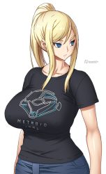 Rule 34 | 1girl, :&lt;, artist name, black shirt, blonde hair, blue eyes, breasts, closed mouth, commentary request, covered erect nipples, curvy, denim, highres, huge breasts, jeans, long hair, looking away, metroid, nintendo, onomeshin, pants, ponytail, samus aran, shiny skin, shirt, short sleeves, simple background, solo, t-shirt, upper body, white background, wide hips