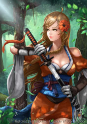 Rule 34 | 1girl, ahoge, artist name, bad id, bad pixiv id, bare shoulders, blonde hair, braid, breasts, brown eyes, cleavage, cowboy shot, culture japan, flower, hair flower, hair ornament, highres, katana, large breasts, light smile, lips, looking at viewer, magion02, signature, solo, sword, twin braids, weapon