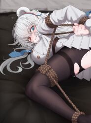 Rule 34 | 1girl, animal ears, arknights, bdsm, bear ears, bear girl, black pantyhose, blue eyes, blue hair, blue necktie, blush, bondage, bound, bound wrists, breasts, buttons, hair between eyes, heterochromia, highres, jacket, large breasts, long hair, long sleeves, looking at viewer, mildt, multicolored hair, necktie, out-of-frame censoring, paid reward available, pantyhose, pleated skirt, red eyes, red hair, rope, rosa (arknights), skirt, smile, solo, spread legs, streaked hair, torn clothes, torn pantyhose, white hair, white jacket, white skirt