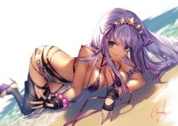 Rule 34 | 1girl, bare shoulders, bb (fate), bb (fate) (all), bb (swimsuit mooncancer) (fate), bb (swimsuit mooncancer) (second ascension) (fate), beach, belt, bikini, black gloves, black thighhighs, breasts, butt crack, cleavage, collarbone, fate/grand order, fate (series), fingerless gloves, genyaky, gloves, grin, hair ribbon, hairband, high heels, large breasts, long hair, looking at viewer, micro shorts, nail polish, parted lips, platform footwear, purple bikini, purple eyes, purple hair, purple nails, ribbon, sand, shorts, signature, skindentation, smile, solo, star (symbol), swimsuit, tan, thighhighs, top-down bottom-up, very long hair, wet, white belt