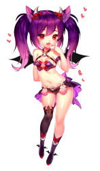 Rule 34 | 1girl, animal ears, asymmetrical legwear, player character (mabinogi), bad id, bad pixiv id, black joa, breasts, chibi, cleavage, demon girl, demon wings, dom wings, hair ornament, heart, highres, horns, long hair, mabinogi, navel, purple hair, simple background, small breasts, solo, thighhighs, twintails, uneven legwear, white background, wings
