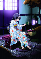 Rule 34 | 1girl, architecture, autumn leaves, commentary request, east asian architecture, fish, full body, hand on own thigh, hata kenjirou, hayate no gotoku!, highres, japanese clothes, kimono, long hair, mosquito coil, saginomiya isumi, sandals, sitting, solo, tree