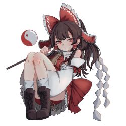 Rule 34 | 1girl, absurdres, ass, boots, bow, brown hair, detached sleeves, dress, gohei, hair bow, hakurei reimu, highres, holding, holding gohei, large bow, long hair, looking at viewer, mesuosushi, nontraditional miko, orb, panties, red bow, red dress, red eyes, red panties, solo, touhou, underwear, white background, white sleeves, yin yang, yin yang orb