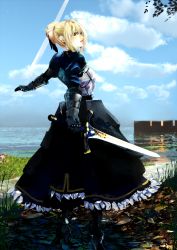 Rule 34 | 1girl, ahoge, armor, armored dress, artoria pendragon (fate), bad id, bad pixiv id, blonde hair, dress, excalibur (fate/stay night), fate/stay night, fate/zero, fate (series), flower, gauntlets, grass, hair ribbon, highres, photorealistic, rab6, realistic, ribbon, saber (fate), solo, sword, water, weapon