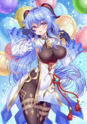 Rule 34 | 1girl, absurdres, ahoge, balloon, bare shoulders, bell, blue gloves, blue hair, blush, bodystocking, breasts, brown legwear, chinese knot, covered navel, cowboy shot, detached sleeves, flower knot, ganyu (genshin impact), genshin impact, gloves, gold trim, highres, horns, legs together, light smile, long hair, looking at viewer, medium breasts, neck bell, nose blush, purple eyes, sidelocks, solo, standing, thighlet, thighs, vision (genshin impact), white sleeves, wuyinlou