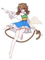 Rule 34 | 1girl, :d, absurdres, bare shoulders, barefoot, bing zizi, blue dress, bracelet, brown hair, circlet, commentary request, detached sleeves, dress, full body, green dress, highres, holding, holding stick, jewelry, long hair, looking at viewer, monkey tail, open mouth, red eyes, simple background, single-shoulder dress, single detached sleeve, smile, solo, son biten, stick, tail, touhou, twintails, unfinished dream of all living ghost, white background, white sleeves, yellow dress