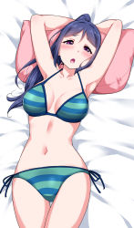 Rule 34 | 1girl, :o, armpits, arms behind head, arms up, bare arms, bed sheet, bikini, blue bikini, blue hair, blush, breasts, cleavage, collarbone, from above, gluteal fold, high ponytail, highres, long hair, love live!, love live! sunshine!!, lying, matsuura kanan, medium breasts, navel, on back, on bed, open mouth, pillow, purple eyes, side-tie bikini bottom, solo, striped bikini, striped clothes, swimsuit, thighs, yopparai oni