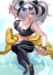 Rule 34 | 1girl, :d, animal ears, arknights, bad id, bad pixiv id, bare shoulders, black footwear, black pants, breasts, cleavage, clothes around waist, collarbone, eyewear on head, feater (arknights), feater (dojo star) (arknights), foreshortening, from above, grey hair, hair over one eye, jacket, jacket around waist, large breasts, long hair, looking at viewer, midriff, mokyumokyuchan, multicolored hair, official alternate costume, open mouth, panda ears, pants, red eyes, round eyewear, shoes, smile, sneakers, solo, sports bra, sunglasses, sunglasses on head, torn clothes, torn sports bra, track pants, twintails, two-tone hair, wristband, yellow jacket