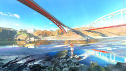 Rule 34 | 1girl, arakawa river, artist name, blue sky, bow (music), bridge, brown hair, building, cloud, commentary, day, dress, from behind, highres, instrument, japan, landscape, legs together, long hair, music, original, outdoors, playing instrument, real world location, river, rock, scenery, signature, sky, solo, standing, sunlight, very wide shot, violin, water, wayne chan, white dress