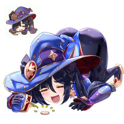 Rule 34 | 1girl, all fours, ass, black hair, crying, elbow gloves, genshin impact, gloves, hair ornament, hair ribbon, hat, high heels, highres, leotard, long hair, mona (genshin impact), open mouth, pantyhose, ribbon, shiny clothes, smile, solo, tears, top-down bottom-up, twintails, uenoryoma, very long hair