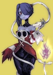 Rule 34 | 1girl, absurdres, bare shoulders, black skirt, blue hair, blue skin, bone, breasts, cleavage, closed eyes, colored skin, commentary, detached collar, detached sleeves, dress, english commentary, flame-tipped tail, hair over one eye, highres, leviathan (skullgirls), long hair, long skirt, looking at viewer, medium breasts, object through head, petting, red dress, red eyes, side ponytail, simple background, skeletal arm, skirt, skull, skullgirls, smile, solo, squigly (skullgirls), stitched mouth, stitches, striped, striped sleeves, xue jiang (simoncry), yellow background, zombie
