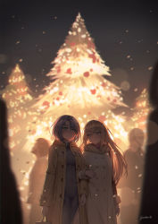 Rule 34 | 2girls, adachi sakura, adachi to shimamura, bad id, bad pixiv id, black hair, blonde hair, blurry, blurry background, blush, china dress, chinese clothes, christmas, christmas tree, chromatic aberration, commentary, covered navel, dress, english commentary, highres, jacket, locked arms, long hair, multiple girls, night, outdoors, sepia, shimamura hougetsu, short hair, snowing, sweater, turtleneck, turtleneck sweater, winter clothes, yuri, yurichtofen