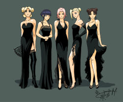 Rule 34 | 5girls, alternate costume, arm behind back, arms behind back, artist request, bare shoulders, black dress, black footwear, black gloves, blonde hair, blue hair, blunt bangs, boots, breasts, brown eyes, brown hair, cleavage, collarbone, contemporary, double bun, dress, earrings, elbow gloves, female focus, folding fan, formal, full body, gloves, hair bun, halterneck, hand fan, hand on own hip, hands together, haruno sakura, high heel boots, high heels, holding, hyuuga hinata, jewelry, lace, lace-trimmed dress, lace-trimmed gloves, lace trim, large breasts, light smile, long dress, looking at viewer, medium breasts, multiple girls, naruto, naruto (series), no pupils, pink hair, shadow, shiny skin, shoes, side slit, signature, simple background, sleeveless, sleeveless dress, smile, standing, strapless, strapless dress, temari (naruto), tenten (naruto), thigh boots, thighhighs, white eyes, yamanaka ino