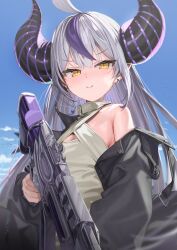 Rule 34 | 1girl, ahoge, armpits, black horns, blue sky, breasts, closed mouth, cloud, commentary, day, earrings, grey hair, gun, highres, holding, holding gun, holding weapon, hololive, horns, jacket, jewelry, kanzarin, la+ darknesss, long hair, long sleeves, multicolored hair, purple hair, sky, small breasts, smile, solo, streaked hair, striped, striped horns, virtual youtuber, weapon, white jacket, yellow eyes