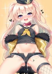 Rule 34 | 1girl, azur lane, bache (azur lane), black hat, black shirt, blonde hair, blouse, blush, body writing, breasts, bukkake, collar, crop top, cum, cum in clothes, cum in pussy, cum through clothes, cumdrip, dombear, female focus, fishnet thighhighs, fishnets, fur-trimmed jacket, fur trim, groin, hat, heart, highres, jacket, long hair, looking at viewer, micro shorts, midriff, navel, neckerchief, open mouth, pink collar, purple eyes, sailor hat, shirt, shorts, single thighhigh, sleeveless, small breasts, smile, solo, star (symbol), tally, thighhighs, twintails, yellow background, yellow jacket, yellow neckerchief