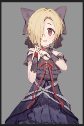 Rule 34 | 1girl, :d, bare shoulders, black border, black bow, black dress, black nails, blonde hair, border, bow, bridal gauntlets, brown eyes, commentary, crossed fingers, dress, frills, grey background, hair bow, highres, hood, idolmaster, idolmaster cinderella girls, large bow, looking at viewer, nail polish, off shoulder, open mouth, shirasaka koume, shone, short hair, simple background, smile, solo, x fingers