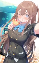 Rule 34 | 1girl, ange vierge, black jacket, black skirt, blue bow, blue eyes, blush, bow, breasts, brown hair, collared shirt, commentary request, crepe, dress shirt, food, fruit, hair between eyes, highres, hinata miumi, holding, holding food, jacket, looking at viewer, medium breasts, one eye closed, open mouth, pleated skirt, reaching, reaching towards viewer, roido (taniko-t-1218), school uniform, selfie, shirt, short sleeves, skirt, solo, strawberry, two side up, white shirt