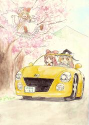 Rule 34 | 3girls, absurdres, black headwear, blonde hair, bow, braid, car, cherry blossoms, closed eyes, closed mouth, dress, hair bow, hair tubes, hakurei reimu, hat, hat bow, highres, kirisame marisa, lily white, long sleeves, motor vehicle, mountain, multiple girls, open mouth, outdoors, outstretched arms, red bow, red eyes, side braid, sidelocks, single braid, smile, touhou, traditional media, tree, white bow, white dress, white headwear, white wings, wings, witch hat, yellow eyes, yoko jzz30