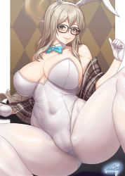 Rule 34 | 1girl, akane (blue archive), akane (bunny) (blue archive), animal ears, argyle, argyle background, argyle clothes, artist name, bare shoulders, blue archive, breasts, brown eyes, cameltoe, closed mouth, collarbone, commentary request, covered navel, detached collar, fake animal ears, glasses, gloves, gonster, hair ornament, hand up, highleg, highleg leotard, highres, large breasts, leotard, light brown hair, lips, long hair, looking at viewer, pantyhose, plaid shawl, rabbit ears, shawl, signature, simple background, smile, spread legs, strapless, strapless leotard, thighs, white gloves, white leotard, white pantyhose
