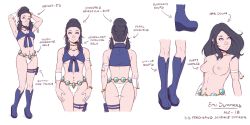 Rule 34 | 1girl, adjusting hair, ass, black hair, blue eyes, boots, breasts, character sheet, collar, dave cheung, emi summers, female focus, flat color, freckles, front-tie top, hair bun, jewelry, knee boots, multiple views, navel, navel piercing, necklace, nipples, no pants, original, panties, piercing, pouch, simple background, smile, space ship ferdinand, tank top, thigh gap, thigh pouch, underboob, underwear, white background