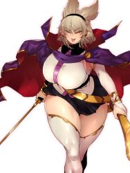 Rule 34 | 1girl, armband, black skirt, breasts, cape, curvy, earmuffs, gloves, gold trim, highres, katana, large breasts, light brown hair, looking at viewer, plump, purple cape, sekiyu (spartan), shiny skin, skirt, smirk, stick, sword, thick thighs, thighs, tongue, tongue out, touhou, toyosatomimi no miko, walking, weapon, white gloves, white legwear, yellow eyes