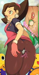 Rule 34 | 1girl, ahegao, ass, bad id, bad pixiv id, biting own lip, black panties, blue sky, blush, brown hair, brown pantyhose, butt plug, capcom, cloud, cropped jacket, cross-section, crotch plate, day, dildo, female masturbation, female orgasm, gloves, green eyes, hair pulled back, hair slicked back, hairband, heart, heart-shaped pupils, highres, jewelry, masturbation, mega man (series), mega man legends (series), merunyaa, object insertion, orgasm, outdoors, panties, pantyhose, pink gloves, pink hairband, public indecency, public vibrator, puffy short sleeves, puffy sleeves, pussy juice, robot, servbot (mega man), sex toy, short sleeves, sky, solo, standing, stealth masturbation, symbol-shaped pupils, the misadventures of tron bonne, thighs, tron bonne (mega man), underwear, vaginal, vaginal object insertion, vibrator, vibrator under clothes