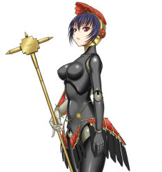 Rule 34 | 1girl, android, atlus, metis (persona), persona, persona 3, purple hair, red eyes, short hair, simple background, solo, syunzou