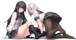 Rule 34 | 2girls, all fours, arm support, ass, asymmetrical legwear, black hair, black legwear, blue eyes, breasts, feet, gloves, grey skirt, hair over one eye, hamakaze (kancolle), highres, isokaze (kancolle), kantai collection, large breasts, long hair, long sleeves, looking at viewer, medium breasts, multiple girls, no shoes, pantyhose, pleated skirt, red eyes, rokuwata tomoe, sailor collar, school uniform, serafuku, short hair, short sleeves, sidelocks, silver hair, simple background, single thighhigh, skirt, smile, socks, soles, striped clothes, striped skirt, thighband pantyhose, thighhighs, toes, uneven legwear, upper body, white background, white gloves