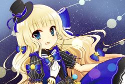 Rule 34 | 1girl, :d, black hat, black shirt, blonde hair, blue bow, blue eyes, blue skirt, blunt bangs, blush, bow, center frills, character request, crescent, frills, gloves, hair bow, hand on own chest, hat, long hair, looking at viewer, mini hat, mini top hat, open mouth, puffy short sleeves, puffy sleeves, shironeko project, shirt, short sleeves, skirt, smile, solo, space, star (sky), star (symbol), star in eye, striped, symbol in eye, top hat, vertical stripes, very long hair, white gloves, yukiyuki 441