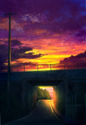 Rule 34 | absurdres, bridge, bush, cloud, cloudy sky, commentary request, fence, gradient sky, guard rail, highres, mks, no humans, original, outdoors, power lines, purple sky, scenery, sky, sunset, utility pole