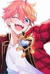 Rule 34 | 1boy, akehoshi subaru, arm up, blue eyes, brooch, commentary request, ensemble stars!, gold trim, highres, jacket, jewelry, looking at viewer, male focus, one eye closed, open clothes, open jacket, open mouth, orange hair, plaid, plaid jacket, red jacket, simple background, solo, tongue, uoya (1010 enrs), upper body, white background