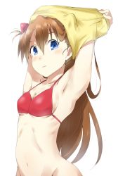 Rule 34 | 1girl, armpits, bikini, bikini top only, blue eyes, clothes pull, gedou (ge ge gedou), long hair, navel, neon genesis evangelion, red hair, shirt pull, simple background, solo, souryuu asuka langley, swimsuit, undressing, white background, wide hips