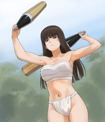 Rule 34 | 1girl, a1 (initial-g), bare arms, bare legs, bare shoulders, black hair, blunt bangs, breasts, brown eyes, bush, closed mouth, collarbone, commentary request, cowboy shot, curvy, expressionless, female focus, fundoshi, girls und panzer, gradient background, japanese clothes, large breasts, legs, long hair, mature female, midriff, navel, neck, nishizumi shiho, sarashi, serious, solo, standing, strapless, tank shell
