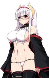 Rule 34 | 1girl, alternate costume, bad id, bad twitter id, bare shoulders, black thighhighs, blush, breasts, covered erect nipples, detached sleeves, female focus, glasses, hairband, heidimarie w. schnaufer, horns, inverted nipples, large breasts, long hair, lowleg, lowleg panties, navel, nipples, null (nyanpyoun), panties, pointy ears, red eyes, ribbon-trimmed legwear, ribbon-trimmed sleeves, ribbon trim, rimless eyewear, see-through, solo, strike witches, thighhighs, transparent background, underwear, white hair, white panties, world witches series