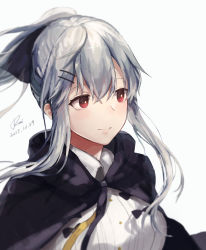 Rule 34 | 1girl, absurdres, ajirui, black cape, black ribbon, breasts, buttons, cape, character name, closed mouth, collared shirt, dated, double-breasted, focused, full body, girls&#039; frontline, gloves, hair between eyes, hair ornament, hairclip, highres, iws 2000 (girls&#039; frontline), iws 2000 (the seventh sealer) (girls&#039; frontline), lipstick, long hair, long sleeves, looking away, makeup, medium breasts, official alternate costume, orange eyes, ponytail, red eyes, ribbon, shirt, sidelocks, signature, smile, solo, standing, star (symbol), very long hair, white background, white gloves, white hair, white shirt