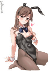 Rule 34 | 1girl, alternate costume, animal ears, arashio (kancolle), areola slip, black leotard, blush, bow, bowtie, breasts, brown eyes, brown hair, brown pantyhose, covered navel, detached collar, ebifurya, fake animal ears, grin, hair between eyes, heart, heart pasties, highleg, highleg leotard, highres, kantai collection, large areolae, leotard, long hair, looking at viewer, no shoes, one-hour drawing challenge, pantyhose, parted bangs, pasties, playboy bunny, rabbit ears, simple background, sitting, small breasts, smile, solo, strapless, strapless leotard, traditional bowtie, twitter username, wariza, white background, wrist cuffs