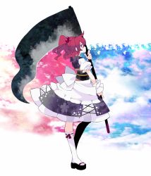 1girl dress female_focus hair_bobbles hair_ornament nekotya onozuka_komachi profile red_eyes red_hair scythe shoes solo touhou wrist_cuffs