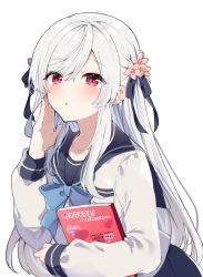 Rule 34 | 1girl, black bow, black sailor collar, black skirt, blue bow, blush, bow, commentary request, flower, grey hair, hair between eyes, hair bow, hair flower, hair ornament, hand up, highres, ikeuchi tanuma, long hair, long sleeves, looking at viewer, hugging object, original, parted lips, pink flower, pleated skirt, puffy long sleeves, puffy sleeves, red eyes, sailor collar, school uniform, serafuku, shirt, simple background, skirt, sleeves past wrists, solo, very long hair, white background, white shirt