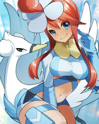 Rule 34 | 1girl, alternate color, animal, between legs, bird, blue background, blue eyes, blue gloves, blue jacket, blue shorts, breasts, check commentary, closed mouth, commentary request, cowboy shot, creatures (company), cropped jacket, game freak, gen 5 pokemon, gloves, hair between eyes, hair ornament, hand between legs, hand up, head tilt, highres, jacket, large breasts, looking at viewer, midriff, navel, nintendo, one side up, pokemon, pokemon (creature), pokemon masters ex, pouch, red hair, short shorts, shorts, sidelocks, skyla (pokemon), smile, standing, swan, swanna, swept bangs, thigh pouch, turtleneck, yukichi (tsuknak1)