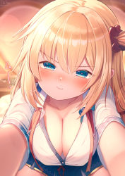 Rule 34 | 1girl, akai haato, akai haato (1st costume), blonde hair, blue eyes, blue skirt, breasts, cleavage, closed mouth, collarbone, collared shirt, commentary request, eyes visible through hair, hair between eyes, hair ornament, heart, heart hair ornament, highres, hololive, indoors, large breasts, long hair, looking at viewer, magowasabi, one side up, outstretched arms, partially unbuttoned, shirt, short sleeves, sidelocks, signature, skirt, smile, solo, translation request, twitter username, v-shaped eyebrows, virtual youtuber, white shirt