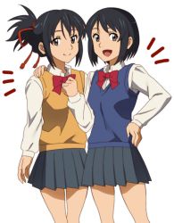 Rule 34 | 2girls, black hair, brown eyes, commentary request, dual persona, hair ribbon, hand on another&#039;s shoulder, hand on own chest, kimi no na wa., long sleeves, looking at viewer, miniskirt, miyamizu mitsuha, multiple girls, onomekaman, open mouth, red ribbon, ribbon, school uniform, short hair, skirt, smile, sweater vest
