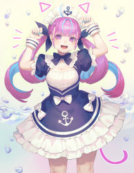 Rule 34 | 1girl, :d, absurdres, ahoge, anchor symbol, bibimbub, black ribbon, blue dress, blue hair, blue nails, braid, breasts, cleavage, colored inner hair, commentary request, dress, fingernails, hair ribbon, highres, hololive, long hair, looking at viewer, maid headdress, medium breasts, minato aqua, minato aqua (1st costume), multicolored hair, nail polish, open mouth, puffy short sleeves, puffy sleeves, purple eyes, purple hair, ribbon, short sleeves, smile, solo, standing, twintails, two-tone hair, virtual youtuber, water drop, white ribbon