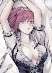 Rule 34 | 1girl, arm tattoo, breasts, chest tattoo, fork, gloves, grel (r6hgvu5), kitchen knife, large breasts, looking at viewer, maid, maid headdress, nel zelpher, purple eyes, red hair, short hair, socks, solo, spoon, star ocean, star ocean anamnesis, star ocean till the end of time, tattoo, weapon
