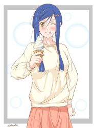 Rule 34 | 1girl, aika granzchesta, alternate costume, andanden, aria (manga), blue hair, blush, closed mouth, cowboy shot, eyelashes, food, hair ornament, hairclip, hand up, highres, holding, ice cream, ice cream cone, long sleeves, looking at viewer, one eye closed, orange skirt, parted bangs, sidelocks, signature, skirt, soft serve, solo, standing, swept bangs, tan shirt, tongue, tongue out