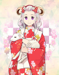 Rule 34 | 1girl, :3, bangs pinned back, chinese zodiac, closed mouth, floral print, horns, japanese clothes, kimono, lamb, long hair, long sleeves, looking at viewer, morifumi, new year, original, pink background, red kimono, sheep, sheep horns, signature, silver hair, smile, solo, standing, year of the goat, year of the ram